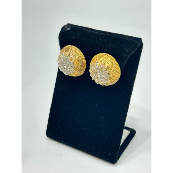 Vintage Signed CORO Clip On Earrings Textured Domed Rhinestones Classic Elegant - Picture 4 of 10